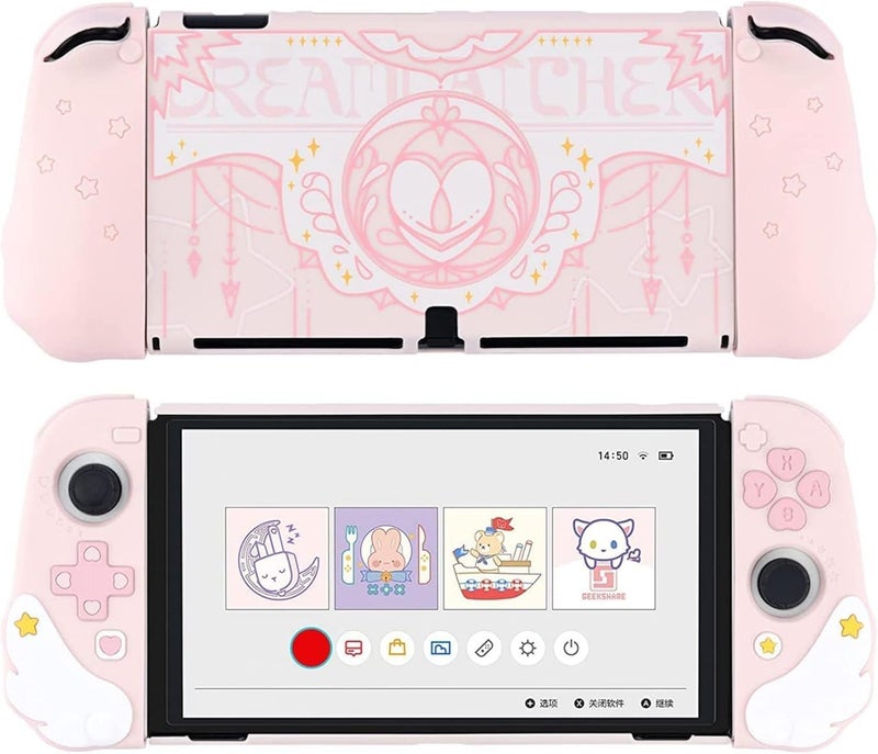 GeekShare غطاء GeekShare اللطيف المتوافق مع وحدة تحكم Nintendo Switch OLED وJoy Con - غطاء نحيف ممتص للصدمات ومقاوم للخدش بتصميم مريح لنموذج Switch OLED - أجنحة نجوم (وردي) - Image 1
