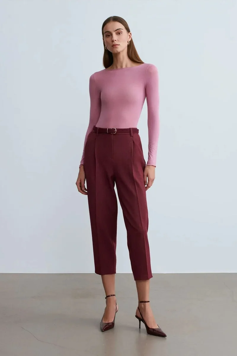 Dilvin Burgundy Red DILVIN Belted Capri Cigarette Trousers for Women | Best Price UAE
