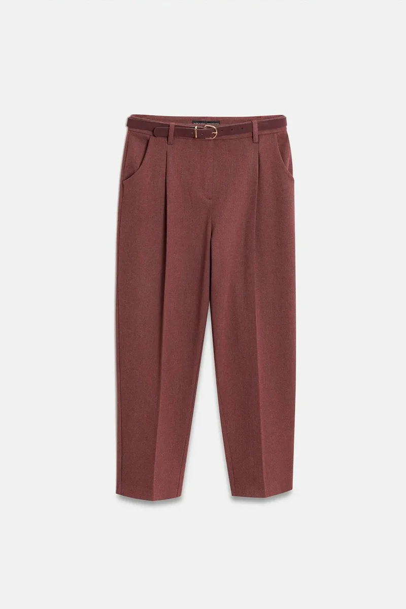 Dilvin Burgundy Red DILVIN Belted Capri Cigarette Trousers for Women | Best Price UAE