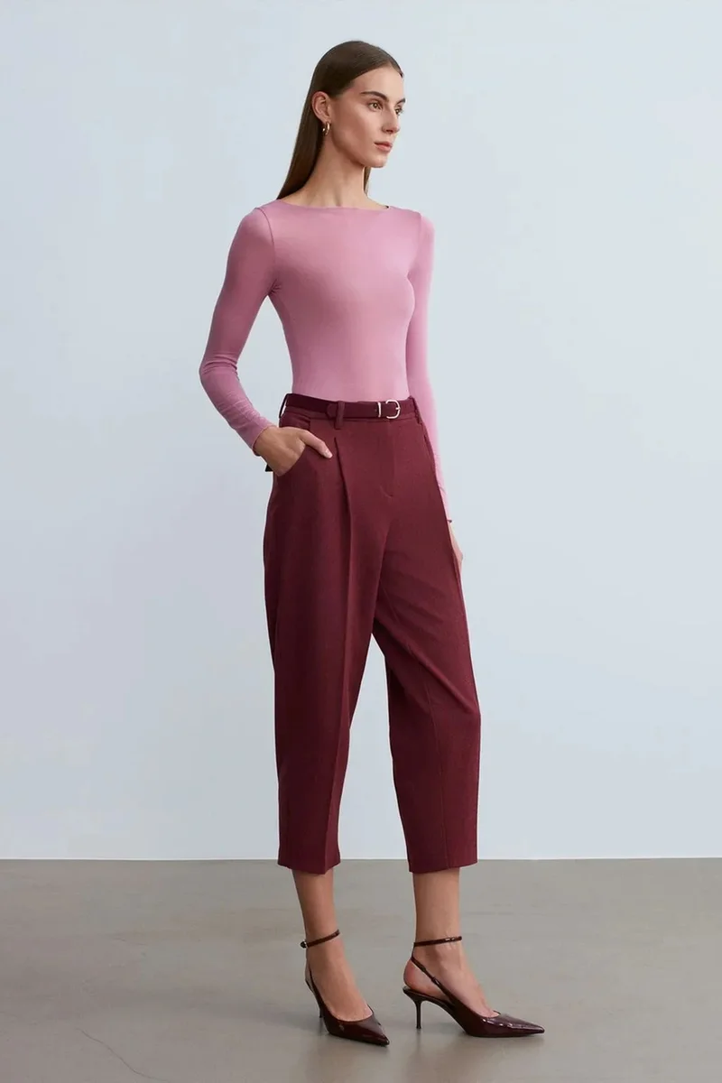 Dilvin Burgundy Red DILVIN Belted Capri Cigarette Trousers for Women | Best Price UAE
