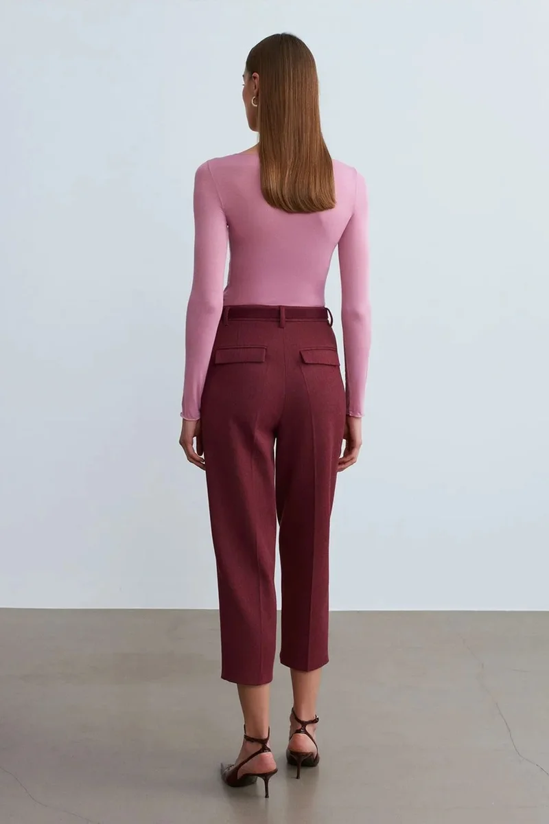 Dilvin Burgundy Red DILVIN Belted Capri Cigarette Trousers for Women | Best Price UAE