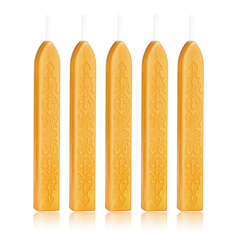 Yoption 5 Pcs Sealing Wax Sticks with Wicks for Wax Seal Stamps Christmas Cards Wedding Invitations Wine Packaging Gift Wrap Envelopes Amber Gold