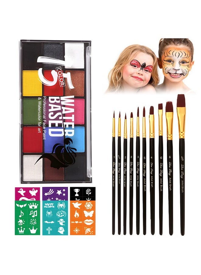 ZENTANMEI Face Painting Kit for Kids Adults, Water Activated Body Face Paint, 15 Colors Water Based Facepaints Makeup Palette 12 Pcs Brushes, Stencils, Non Toxic for Halloween Party Birthday Cosplay  - Image 1