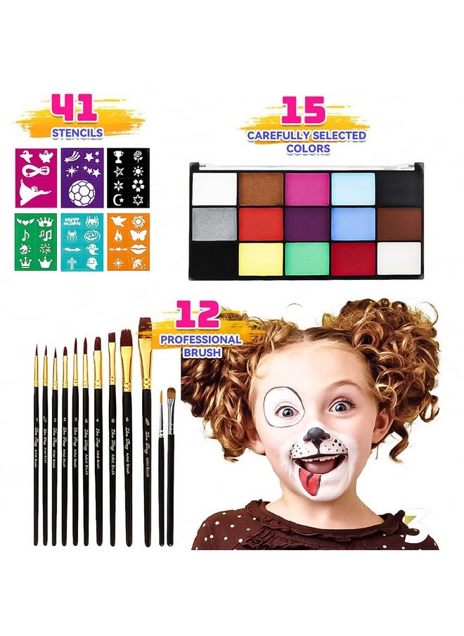 ZENTANMEI Face Painting Kit for Kids Adults, Water Activated Body Face Paint, 15 Colors Water Based Facepaints Makeup Palette 12 Pcs Brushes, Stencils, Non Toxic for Halloween Party Birthday Cosplay  - Image 2
