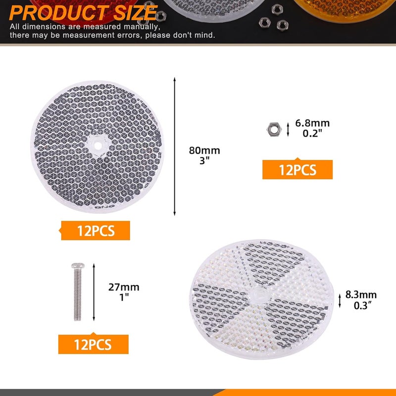 روستارك 12 قطعة عاكس أمامي دائري أبيض مع 24 قطعة من مسامير التثبيت من الفولاذ المقاوم للصدأ 304 وصواميل، عاكس بلاستيكي عاكس مقاوم للماء للتحذير من السلامة، عاكسات للمقطورة، عاكس سيارة للممر في الليل المظلم - Image 2