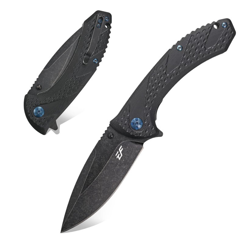 Eafengrow EF927 Pocket Knife D2 Steel Blade with BlackOxide Coating Outdoor Knife G10 Handle Ball Bearing Safe Open Flipper Knife for Camping Work Black