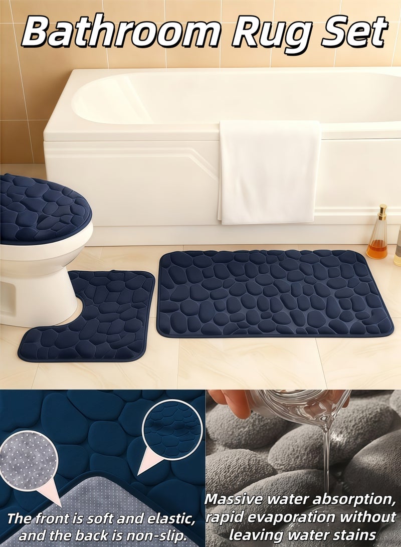 XiuWoo Bathroom Rugs Sets 3 Piece(bathroom rug,U-shaped countertop rug,Toilet seat cover),Cobblestone Flannel Bathroom Mats Set Extra Thick, Non Slip Bath Mats for Bathroom,Dry Fast Bath Mat, Machine Washable Bath Rug Set for Bathroom for Tub, Toilet and Floor (Navy Blue) - Image 1