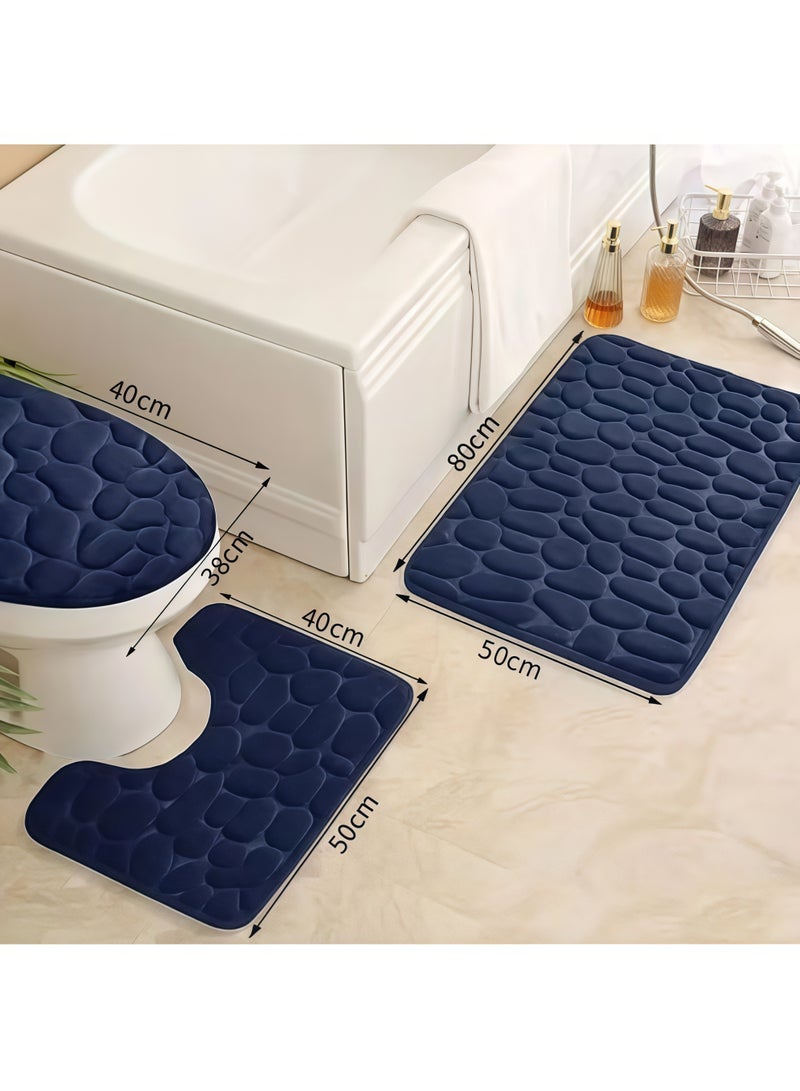 XiuWoo Bathroom Rugs Sets 3 Piece(bathroom rug,U-shaped countertop rug,Toilet seat cover),Cobblestone Flannel Bathroom Mats Set Extra Thick, Non Slip Bath Mats for Bathroom,Dry Fast Bath Mat, Machine Washable Bath Rug Set for Bathroom for Tub, Toilet and Floor (Navy Blue) - Image 2
