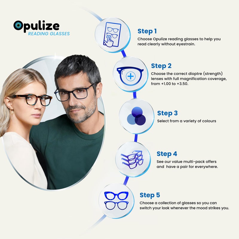 OPULIZE نظارات قراءة PEP للنساء والرجال - عبوة قيمة 6 قطع - إطار مصمم كبير مستطيل - مفصلات ربيع مريحة - مقاومة للخدوش - أسود بني أزرق صدفي رمادي +2.00 - Image 5