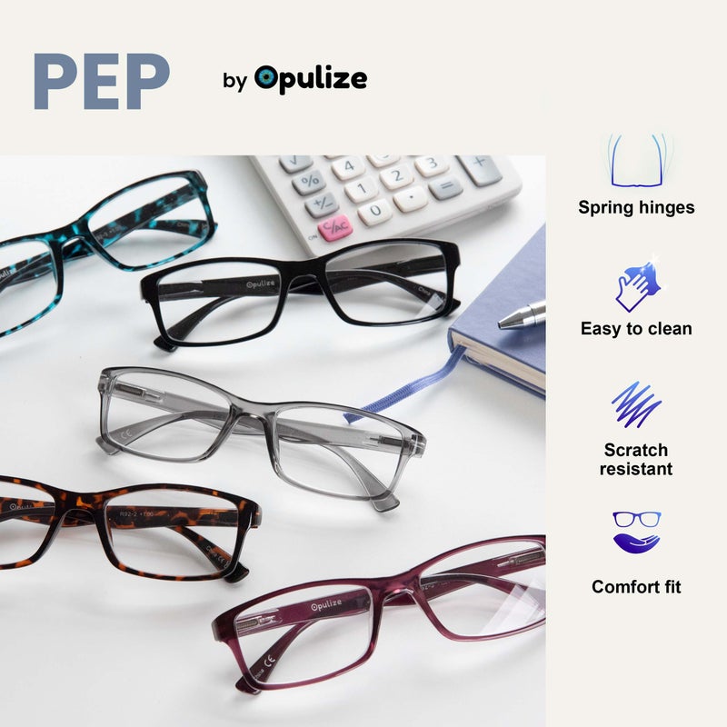 OPULIZE نظارات قراءة PEP للنساء والرجال - عبوة قيمة 6 قطع - إطار مصمم كبير مستطيل - مفصلات ربيع مريحة - مقاومة للخدوش - أسود بني أزرق صدفي رمادي +2.00 - Image 4