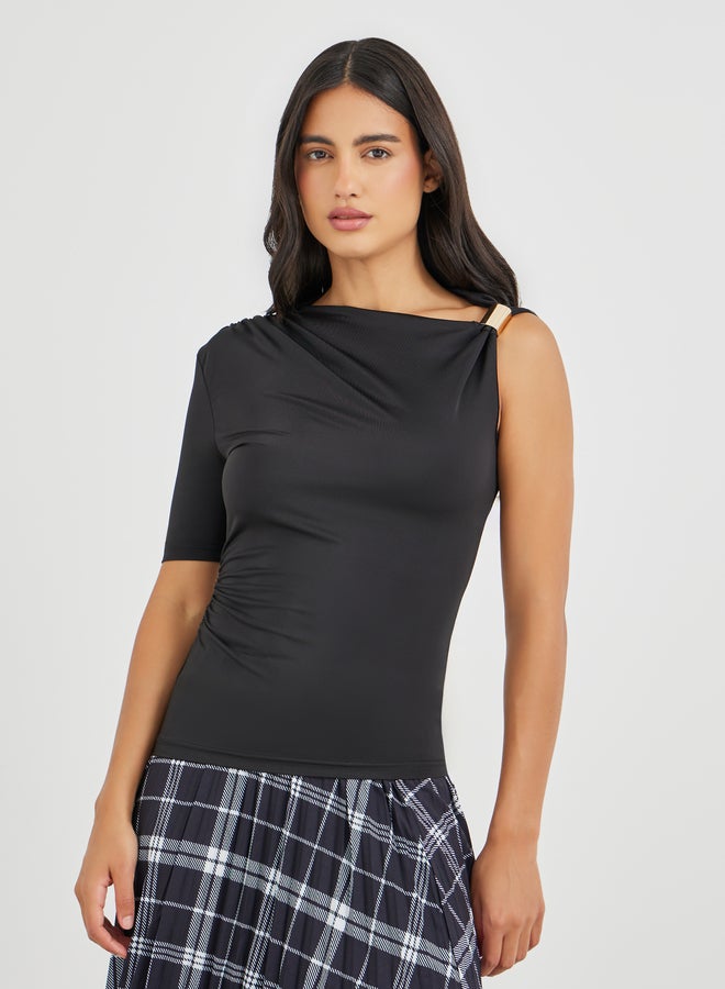 Styli Solid One Sleeve Ruched Detail Top - Image 5