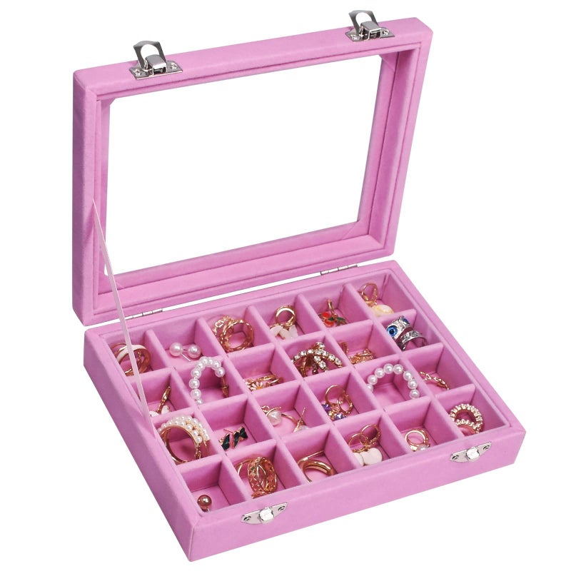 Vicoter Velvet Jewelry Box 24 Grid Jewelry Ring Display Organiser Box Tray Holder Earrings Storage Case for Girls Wife Mom Women (Pink) - Image 1