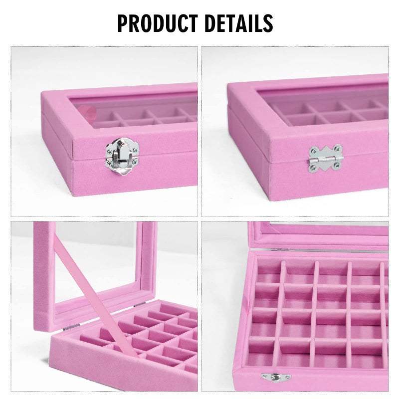 Vicoter Velvet Jewelry Box 24 Grid Jewelry Ring Display Organiser Box Tray Holder Earrings Storage Case for Girls Wife Mom Women (Pink) - Image 4