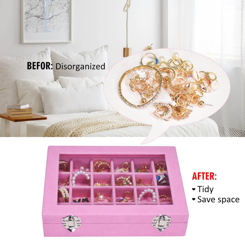 Vicoter Velvet Jewelry Box 24 Grid Jewelry Ring Display Organiser Box Tray Holder Earrings Storage Case for Girls Wife Mom Women (Pink) - Image 5