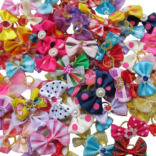 Chenkou Craft Random of 20pcs Puppy Yorkie Dog Hair Bow With Rubber Band Rhinestone Pet Grooming Products Mix Colors Varies Patterns Pet Hair Bows Dog Accessories - Image 1