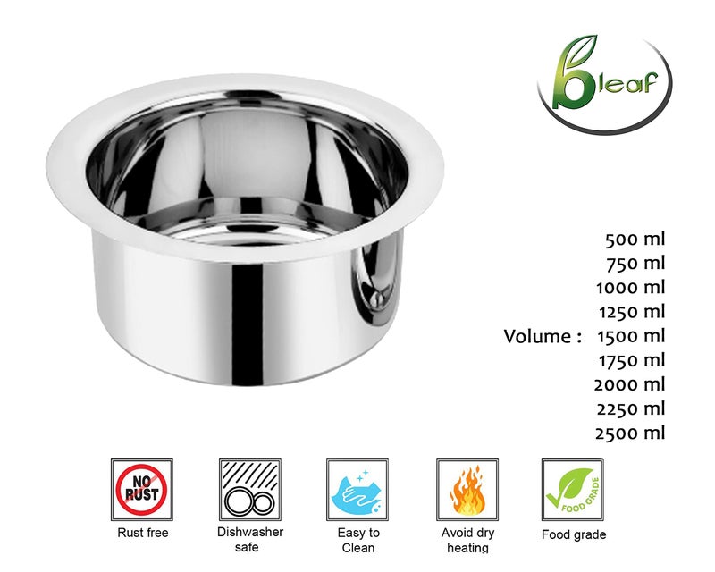 BLeaf Stainless Steel-Flat Bottom Tope/ Heavy Guage Tope (Pack of 9) (500 ml, 750 ml, 1000 ml, 1250 ml, 1500 ml, 1750 ml, 2000 ml, 2250 ml, 2500 ml) - Image 5