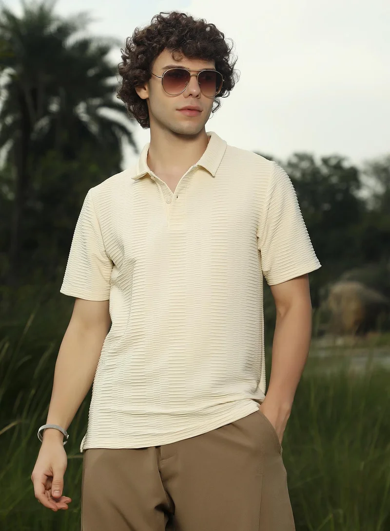 Campus Sutra Men's Banana Yellow Flatten-Ruched Polo T-Shirt
