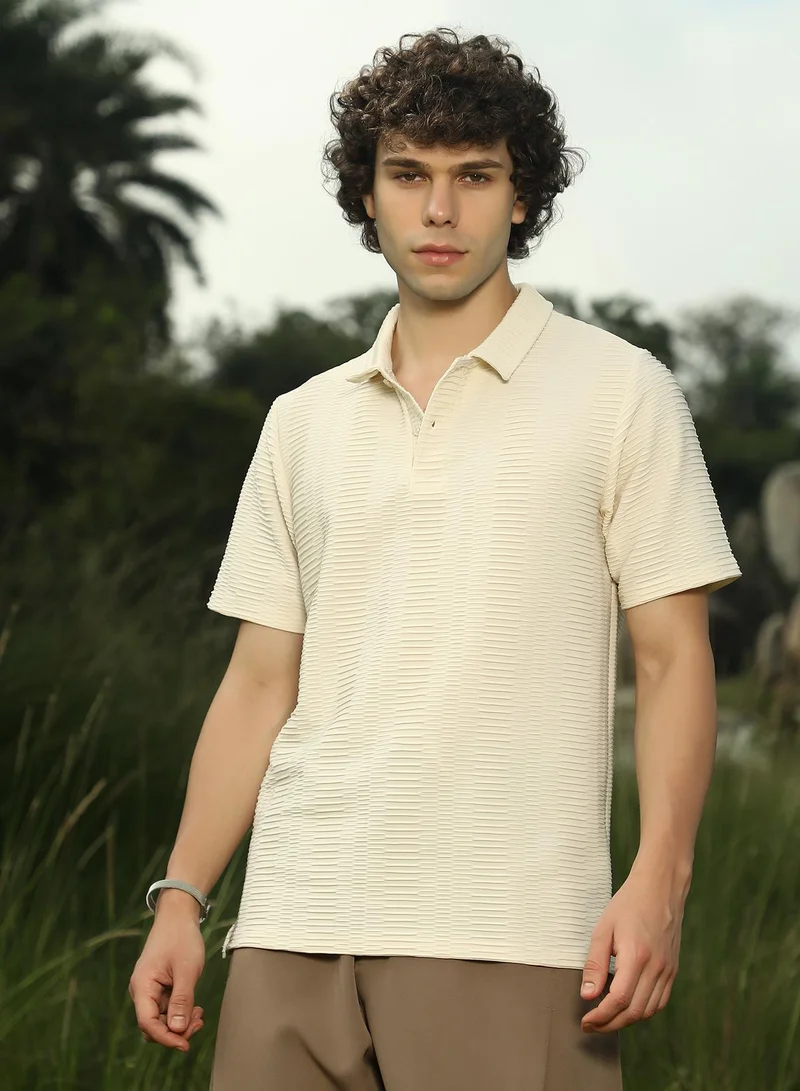 Campus Sutra Men's Banana Yellow Flatten-Ruched Polo T-Shirt