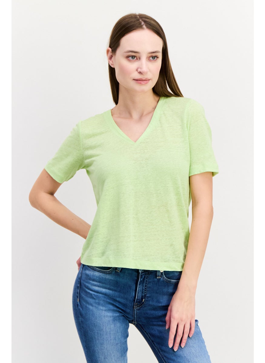 Scotch & Soda - Women V Neck Short Sleeve Solid T Shirt, Lime Green - Image 1