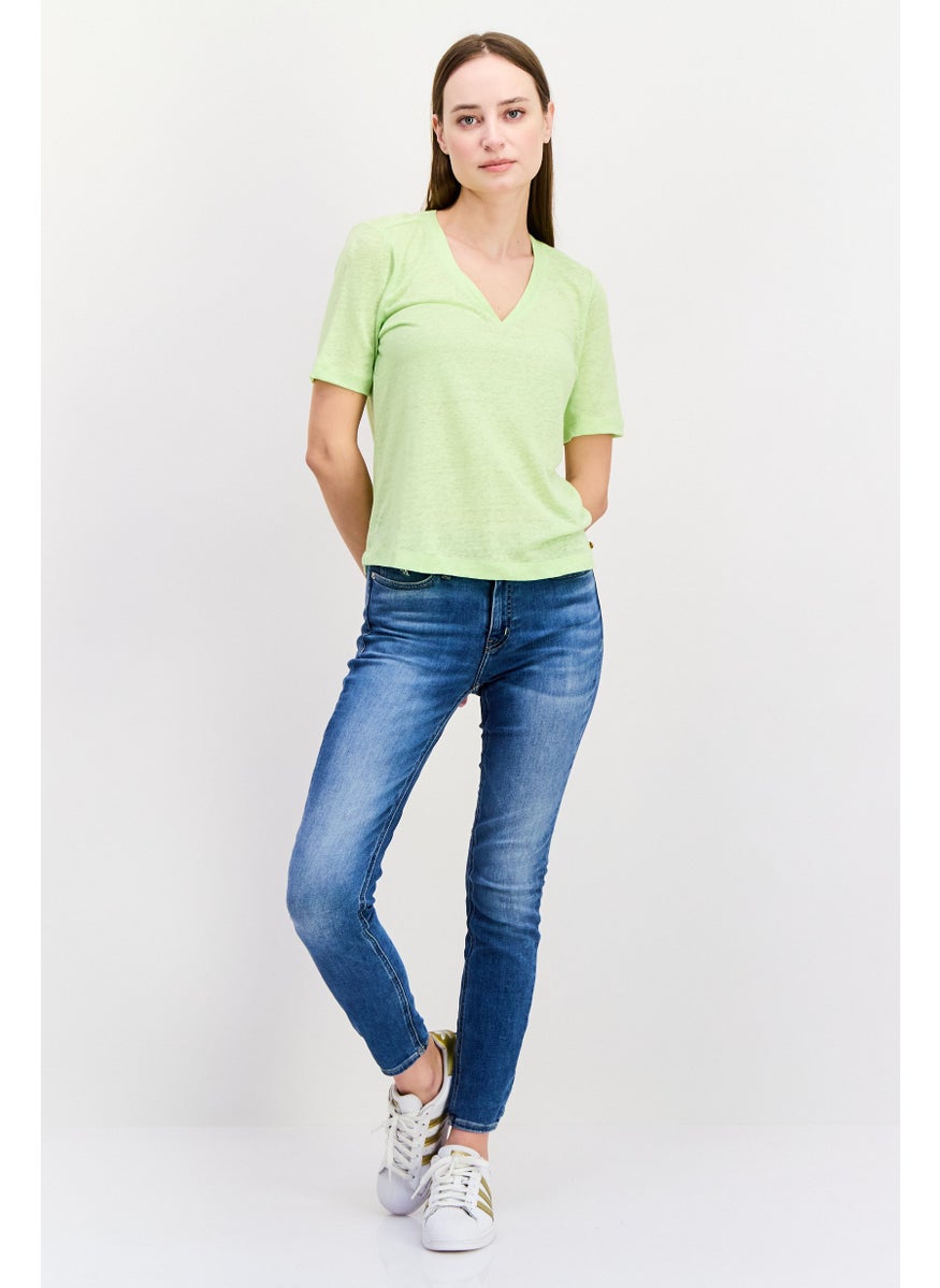 Scotch & Soda - Women V Neck Short Sleeve Solid T Shirt, Lime Green - Image 1