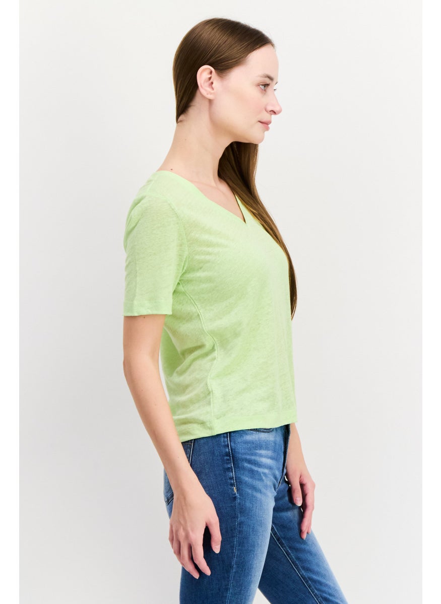 Scotch & Soda - Women V Neck Short Sleeve Solid T Shirt, Lime Green - Image 1