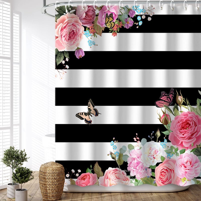 LIVILAN Pink Shower Curtains for Bathroom Floral Shower Curtain Flowers Girly Butterfly Black and White Striped Shower Curtain Set with Hooks 72" W x 72" H Machine Washable - Image 1