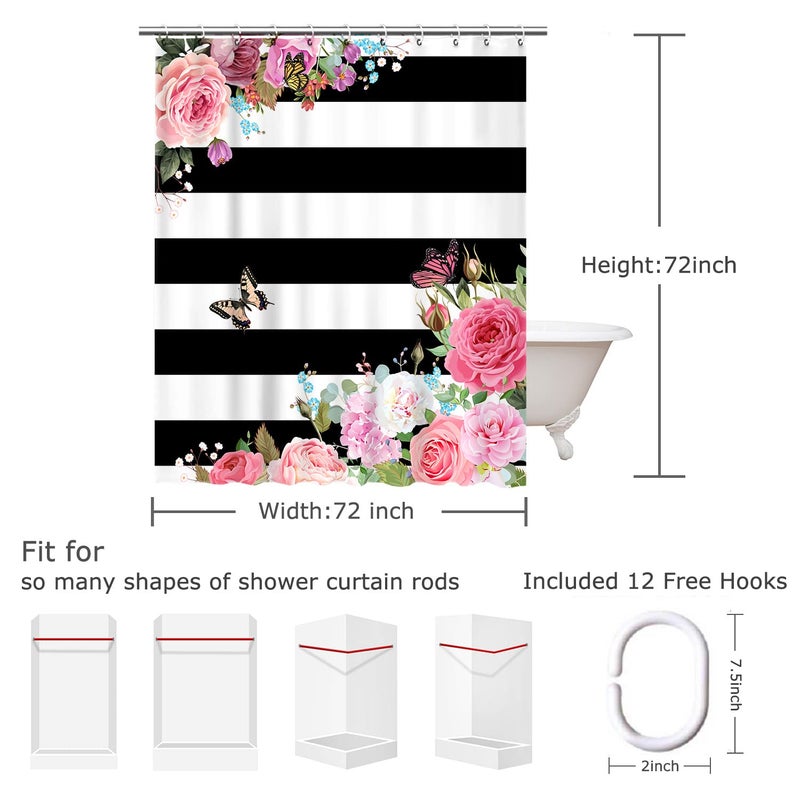 LIVILAN Pink Shower Curtains for Bathroom Floral Shower Curtain Flowers Girly Butterfly Black and White Striped Shower Curtain Set with Hooks 72" W x 72" H Machine Washable - Image 4