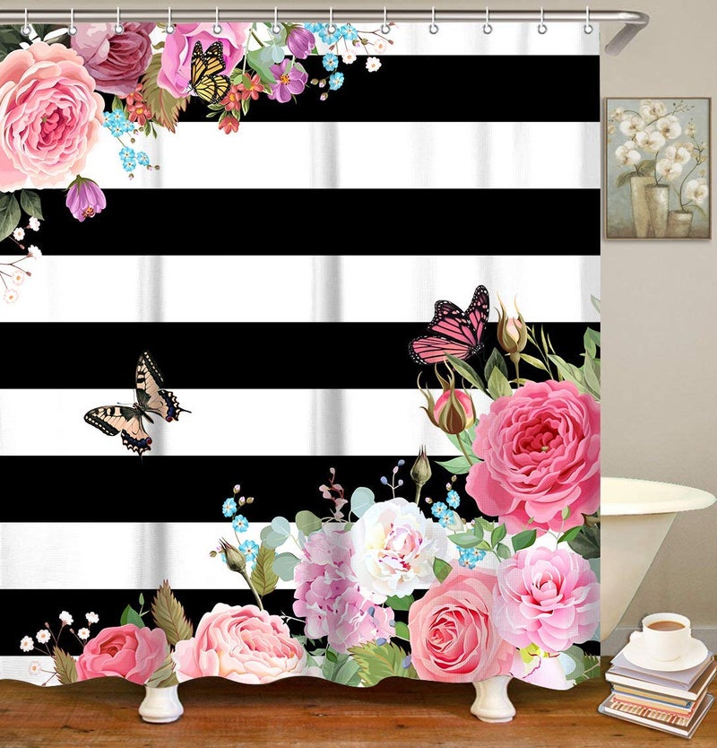 LIVILAN Pink Shower Curtains for Bathroom Floral Shower Curtain Flowers Girly Butterfly Black and White Striped Shower Curtain Set with Hooks 72" W x 72" H Machine Washable - Image 3