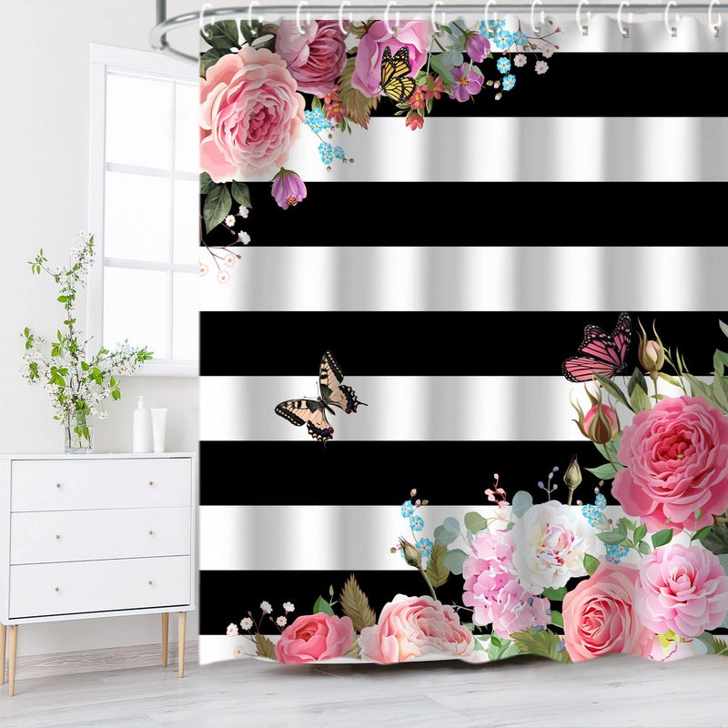 LIVILAN Pink Shower Curtains for Bathroom Floral Shower Curtain Flowers Girly Butterfly Black and White Striped Shower Curtain Set with Hooks 72" W x 72" H Machine Washable - Image 2