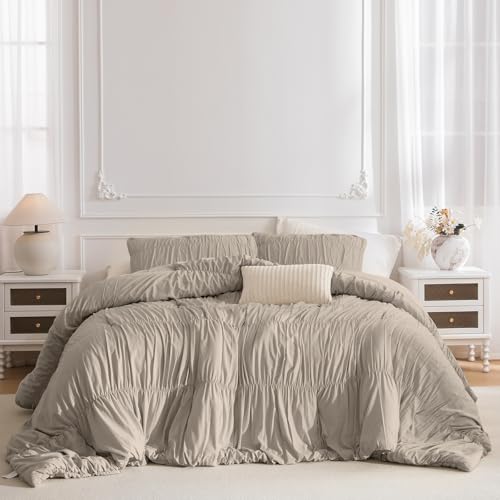 Lady Ann Oversized King Size Comforter Sets 128x120- Linen Feel Ruched Bedroom Sets, 3 Piece Fluffy Bedding Comforter Sets, Soft & Luxurious All Season Boho Bedding Sets for Women Men - Image 2