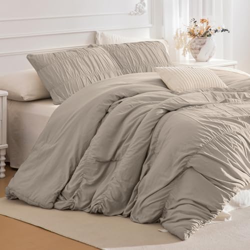 Lady Ann Oversized King Size Comforter Sets 128x120- Linen Feel Ruched Bedroom Sets, 3 Piece Fluffy Bedding Comforter Sets, Soft & Luxurious All Season Boho Bedding Sets for Women Men - Image 1