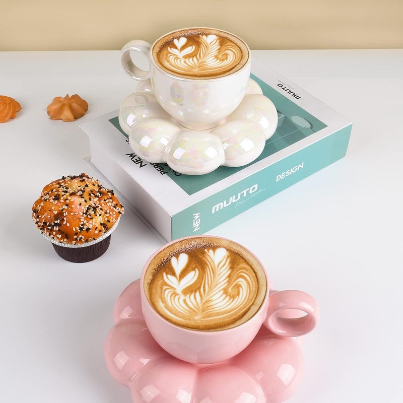 Koythin Ceramic Coffee Mug with Saucer Set, Creative Cute Cup with Sunflower Coaster for Office and Home, 6.5 oz/200 ml for Tea Latte Milk (Pearl White) - Image 4