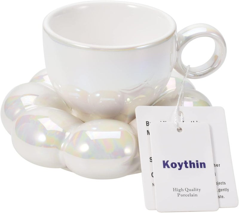 Koythin Ceramic Coffee Mug with Saucer Set, Creative Cute Cup with Sunflower Coaster for Office and Home, 6.5 oz/200 ml for Tea Latte Milk (Pearl White) - Image 1