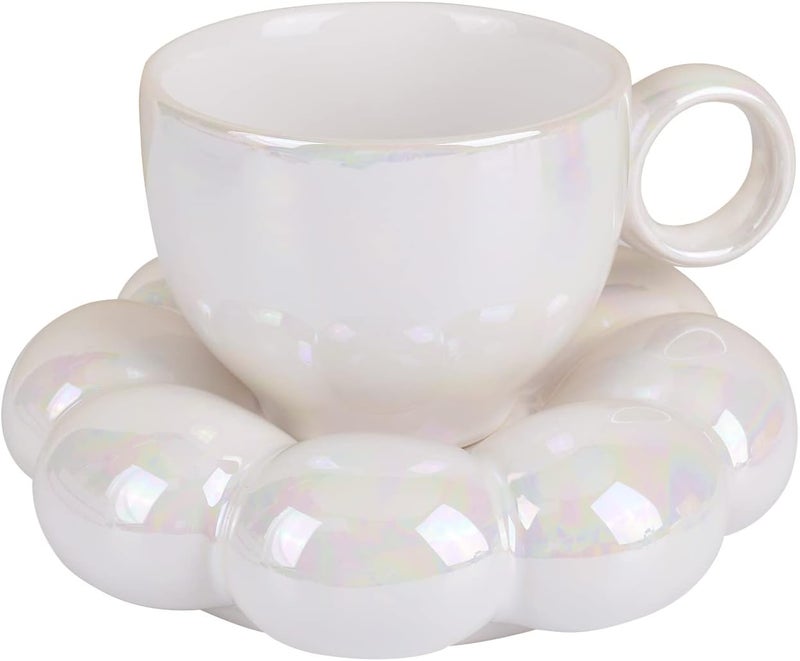 Koythin Ceramic Coffee Mug with Saucer Set, Creative Cute Cup with Sunflower Coaster for Office and Home, 6.5 oz/200 ml for Tea Latte Milk (Pearl White) - Image 3