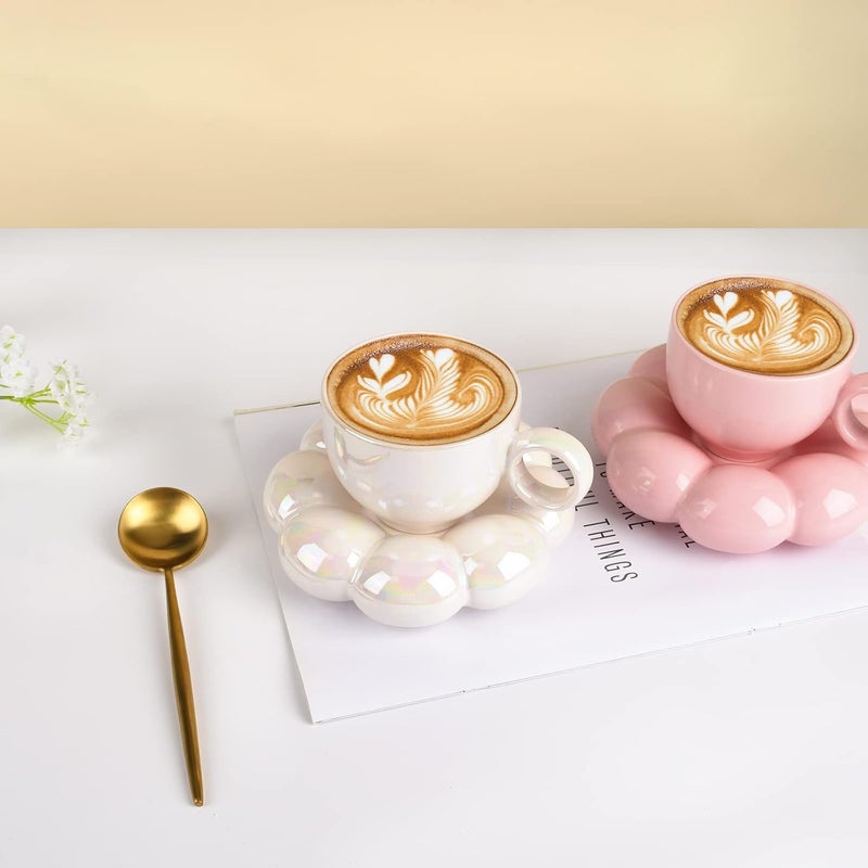 Koythin Ceramic Coffee Mug with Saucer Set, Creative Cute Cup with Sunflower Coaster for Office and Home, 6.5 oz/200 ml for Tea Latte Milk (Pearl White) - Image 5