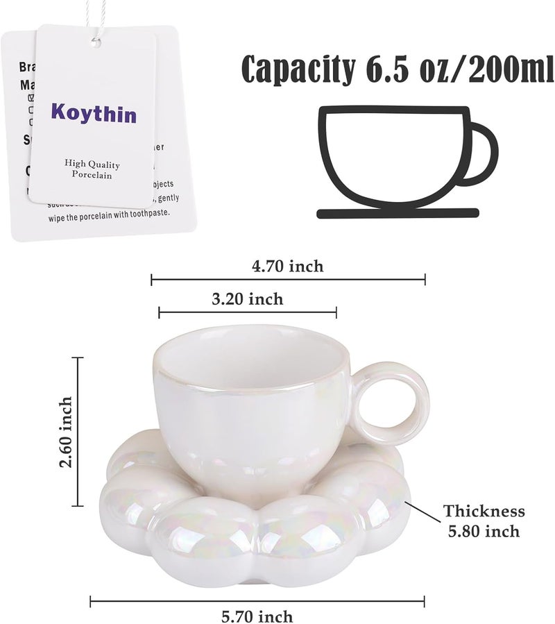 Koythin Ceramic Coffee Mug with Saucer Set, Creative Cute Cup with Sunflower Coaster for Office and Home, 6.5 oz/200 ml for Tea Latte Milk (Pearl White) - Image 2
