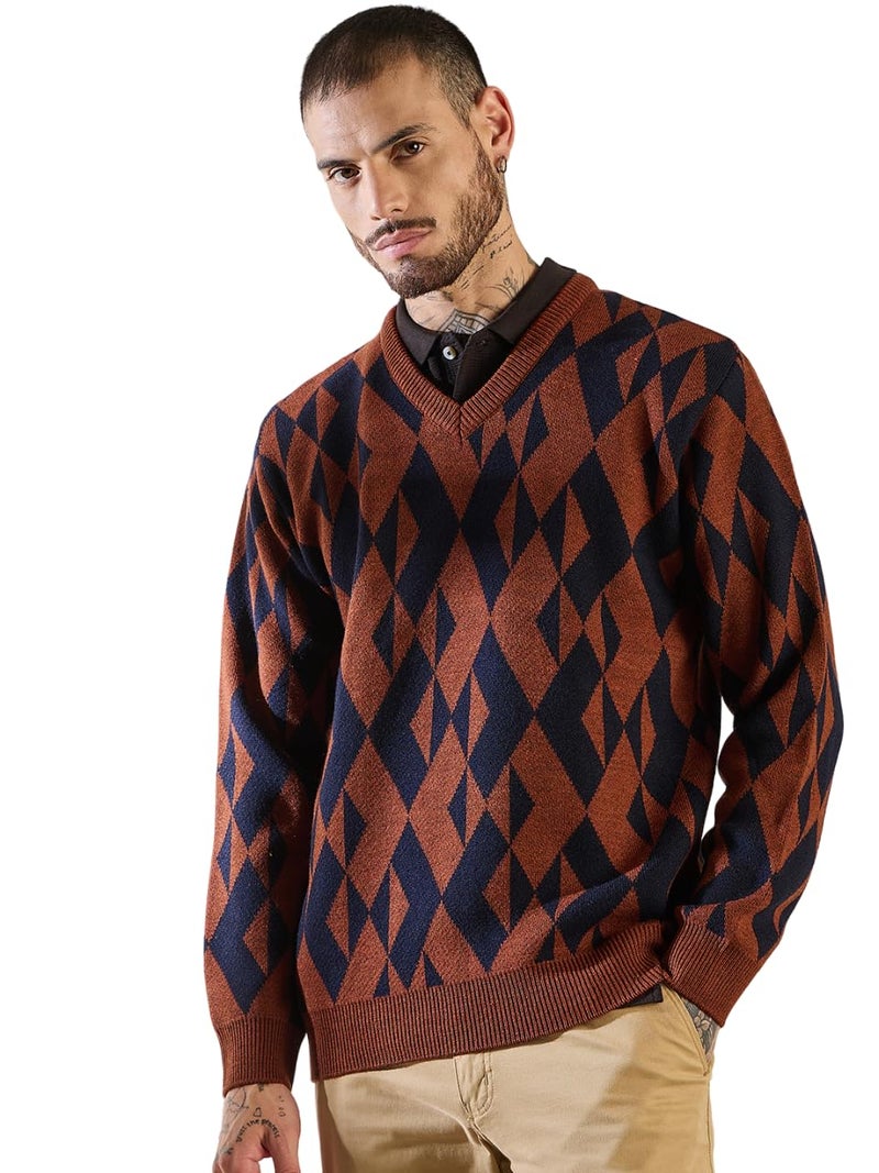 Pivl Men's Winter V Neck Trendy, Stylish Sweater -Rust-M - Image 1