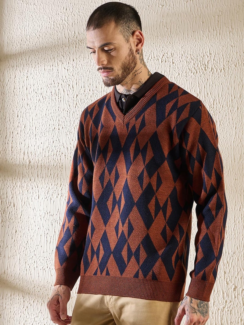 Pivl Men's Winter V Neck Trendy, Stylish Sweater -Rust-M - Image 2