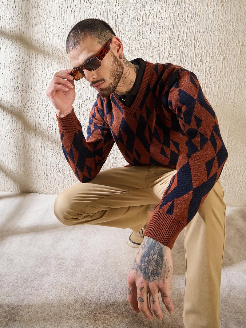 Pivl Men's Winter V Neck Trendy, Stylish Sweater -Rust-M - Image 5