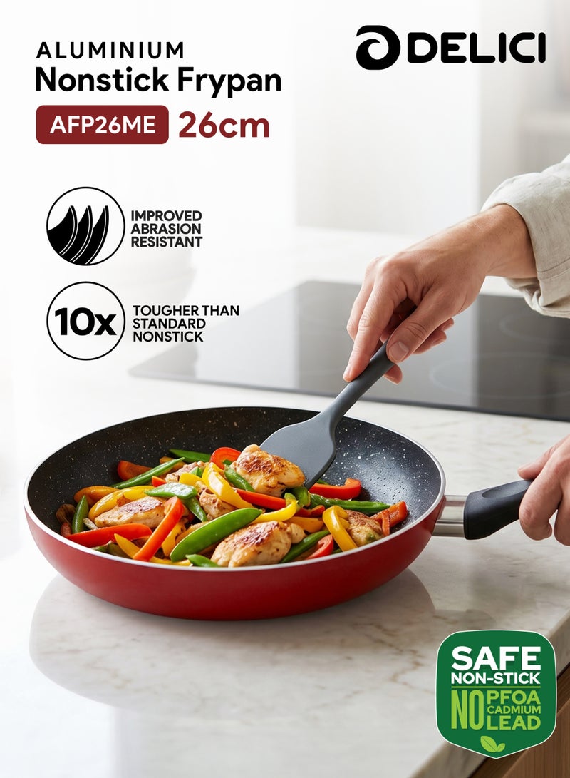 DELICI 26cm Non Stick Granite Fry Pan Frying, Premium Aluminium Frying Pan with PFOA Free Healthy Nonstick Coating, Induction & Gas Stove Compatible Skillet, Heat Resistant Bakelite Handle, Kitchen Food Cooking Preparation, Dishwasher Safe Cookware - AFP26ME, Maroon - Image 2