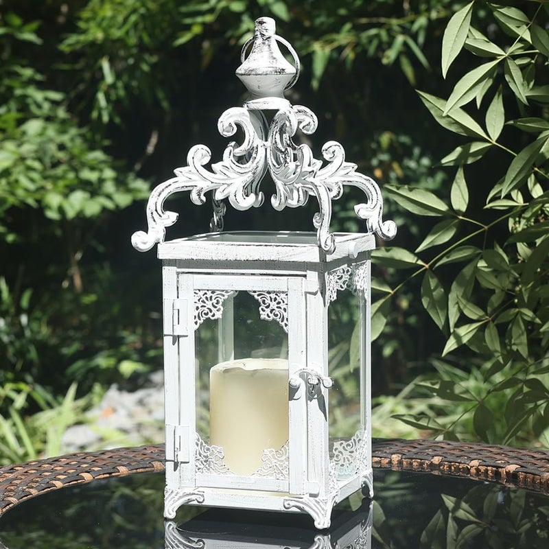 DECORKEY Large Candle Lantern Decorative Hanging Lantern Vintage Metal Tabletop Lantern for Outdoor Patio Rustic Home Decor Candle Holders with Clear Glass White
