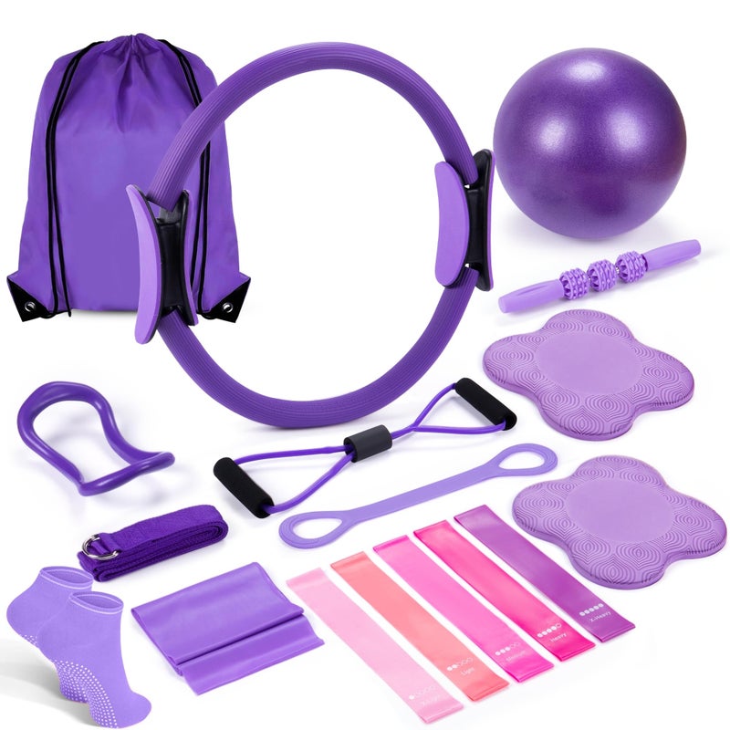 SAMTKA 14" Pilates Ring Circle Fitness Set of 17 Equipment Accessories Workouts Includes Pilates Ball Magic Circle Yoga Ring Knee Pads and Resistance Bands for Women Set Gift for Women Weight Loss (Purple) - Image 1