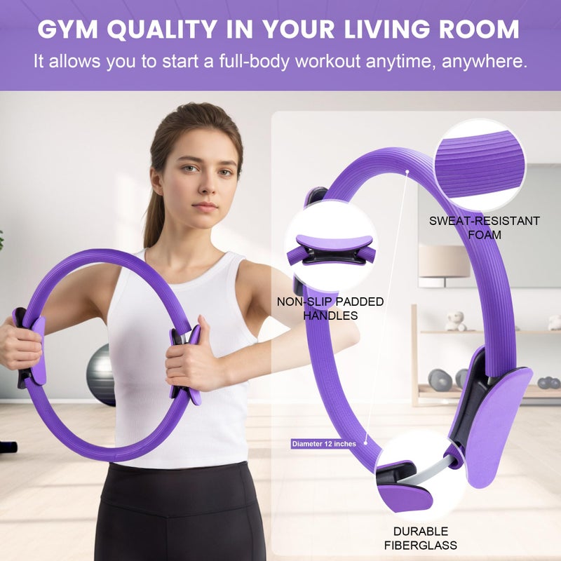 SAMTKA 14" Pilates Ring Circle Fitness Set of 17 Equipment Accessories Workouts Includes Pilates Ball Magic Circle Yoga Ring Knee Pads and Resistance Bands for Women Set Gift for Women Weight Loss (Purple) - Image 5