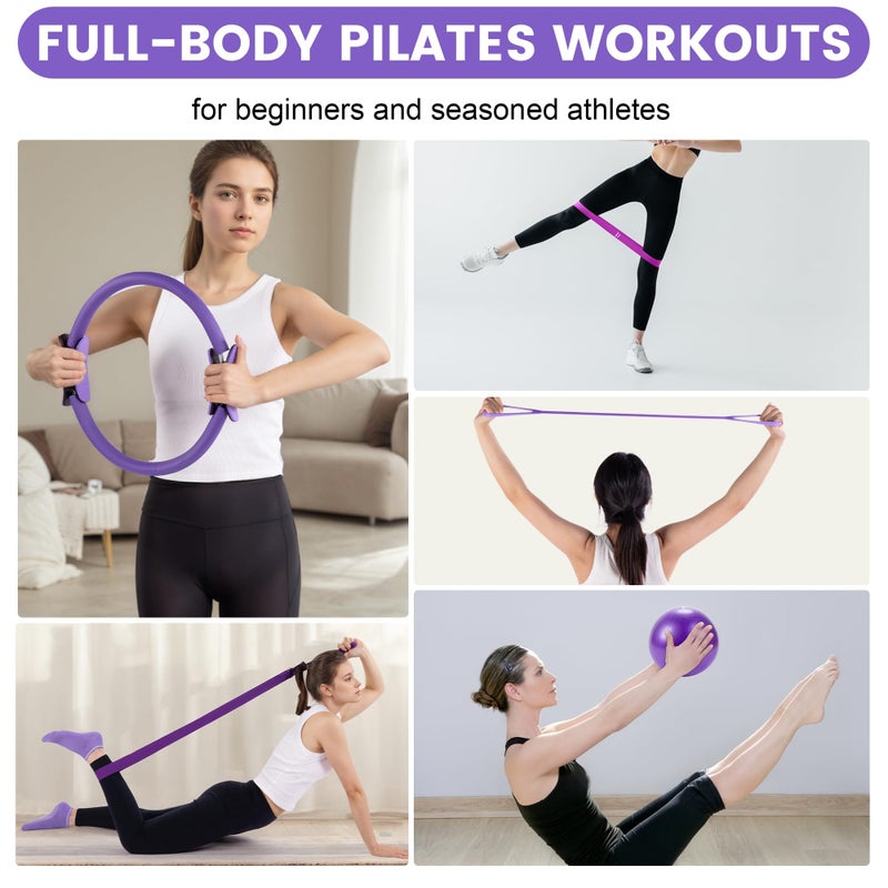 SAMTKA 14" Pilates Ring Circle Fitness Set of 17 Equipment Accessories Workouts Includes Pilates Ball Magic Circle Yoga Ring Knee Pads and Resistance Bands for Women Set Gift for Women Weight Loss (Purple) - Image 3