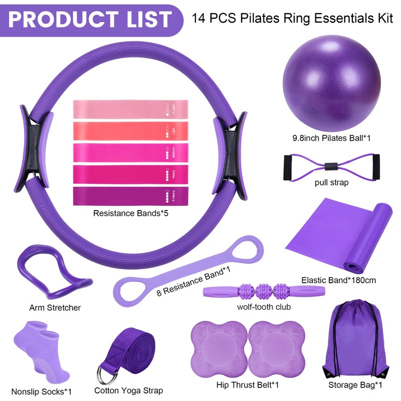 SAMTKA 14" Pilates Ring Circle Fitness Set of 17 Equipment Accessories Workouts Includes Pilates Ball Magic Circle Yoga Ring Knee Pads and Resistance Bands for Women Set Gift for Women Weight Loss (Purple) - Image 2