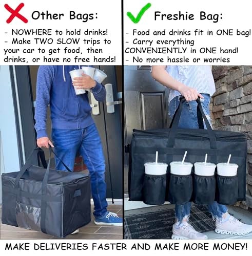 FRESHIE Insulated Food Delivery Bag with Cup Holders/Drink Carriers Premium, for Doordash, Uber Eats, Grubhub, Pizza Bag, Catering, Beverage, Commercial Quality (XL Pro) - Image 2