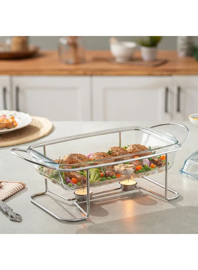 Borcam - Rectangular Food Warmer with Handles - 2.75 Lit - Silver Plated Metal & Tempered Glass
