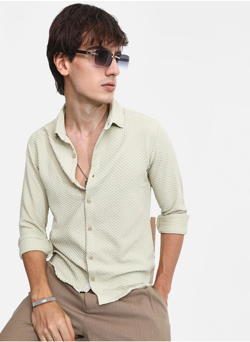 كامبوس سوترا Men's Butter Yellow Micro Cubic-Textured Shirt