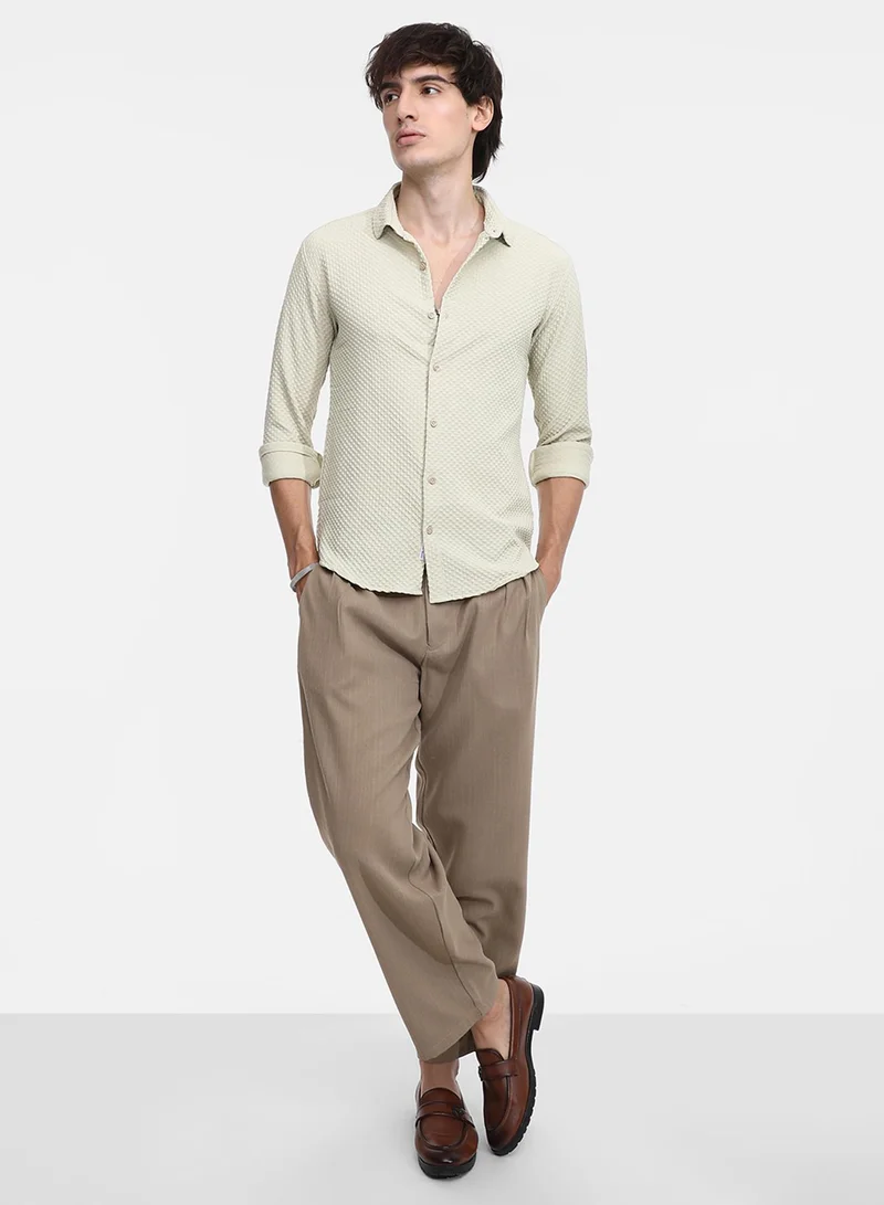 كامبوس سوترا Men's Butter Yellow Micro Cubic-Textured Shirt