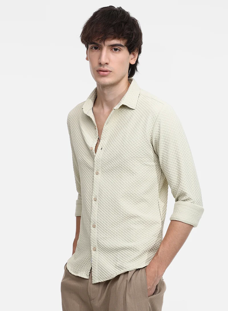 كامبوس سوترا Men's Butter Yellow Micro Cubic-Textured Shirt